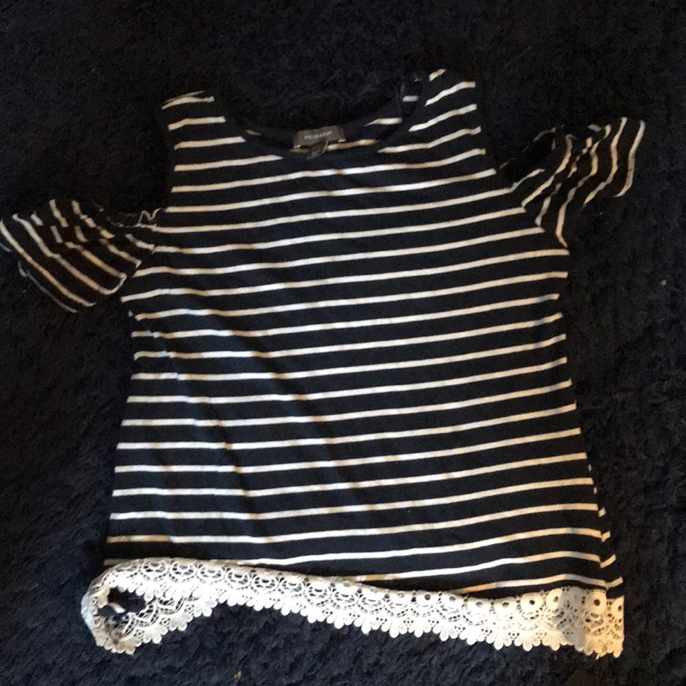 Off Shoulder Navy White Striped Shirt W/ Lace Trim